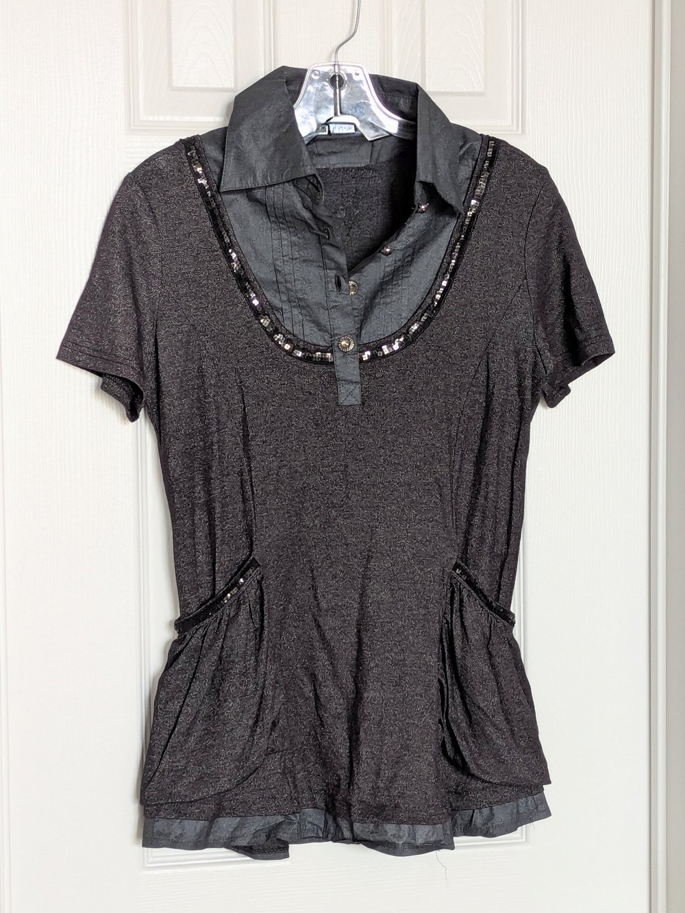 Women's (Size 8) Black & Grey Short-Sleeve Collared Tunic Layered Look w/Sequins